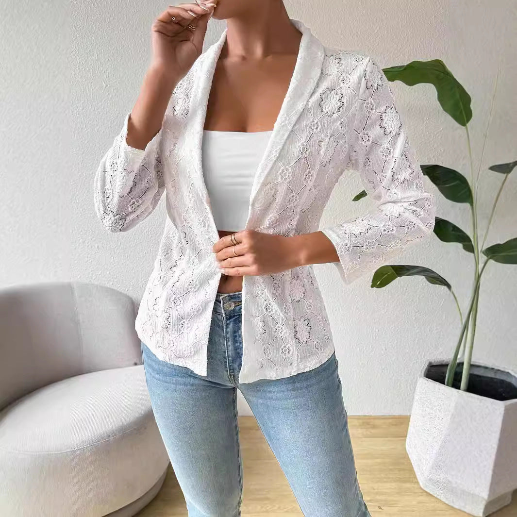 European And American Elegant Solid Color Lace 9 Sleeve Lapel Casual Suit Women's Jacket
