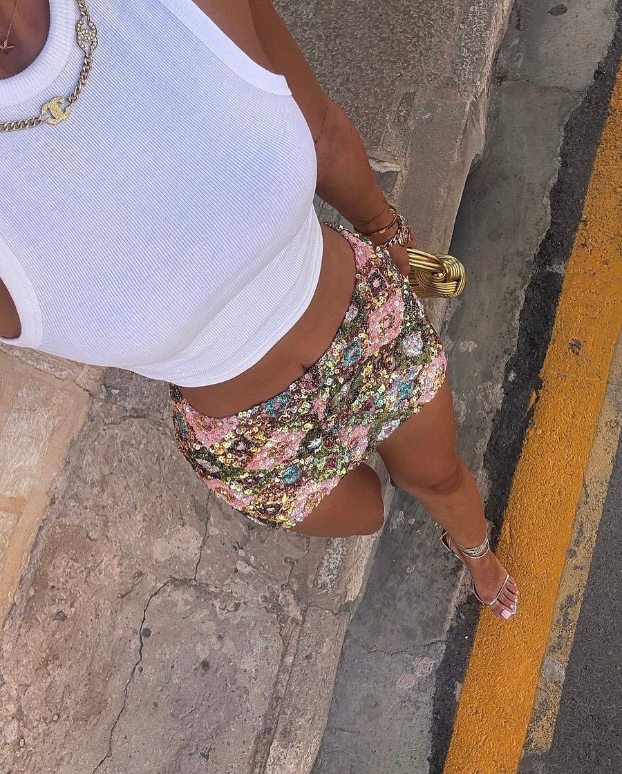 Geometric Stitching Sequins Glitter Short Skirt Hip Skirt
