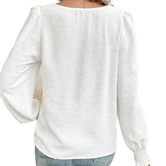 Women's Ruffled Pleated Long Sleeve Round Collar Top Shirt