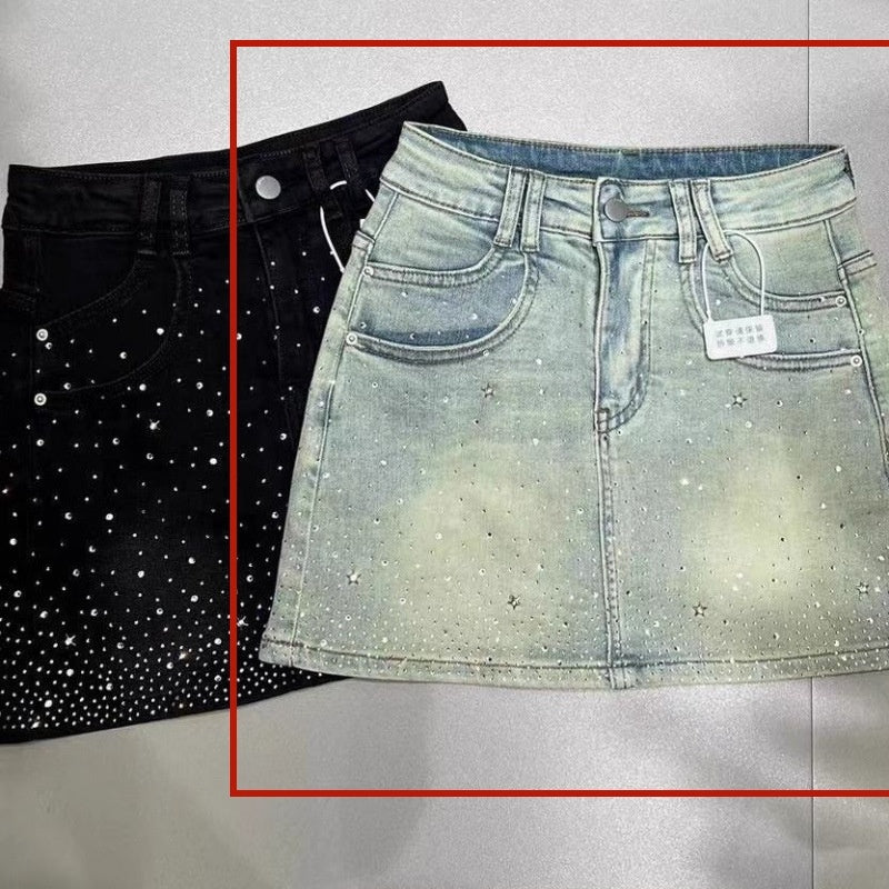 Retro Rhinestone Bright Star River Slim-fit Slimming Denim Skirt