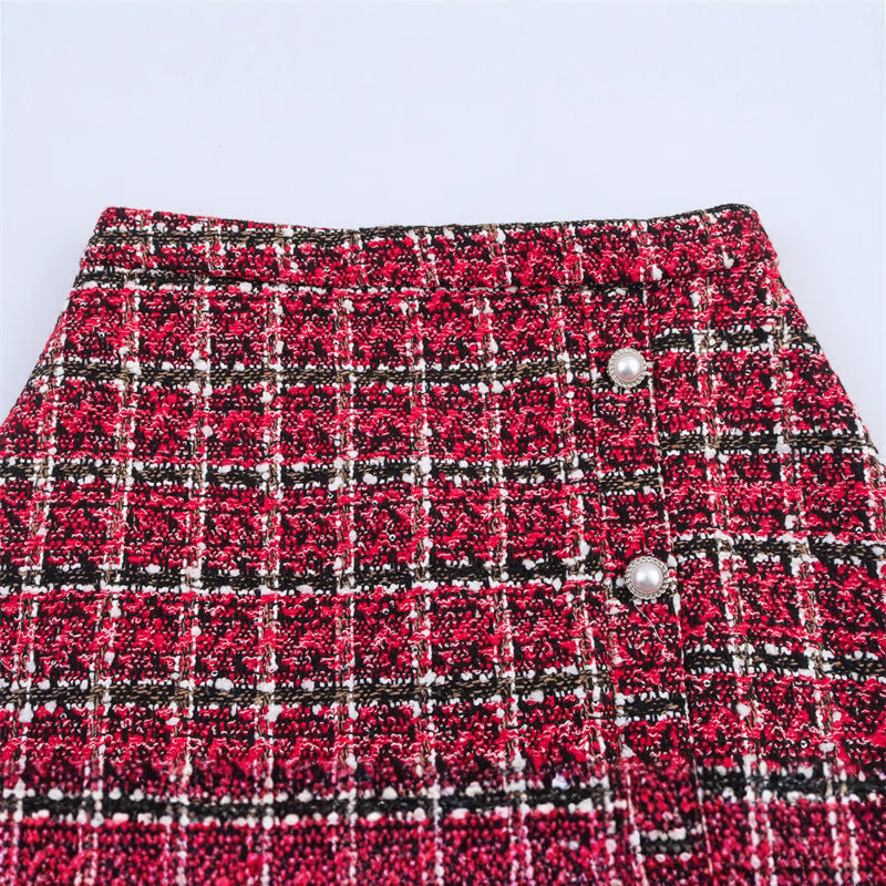 Women's Versatile Pearl Button Coarse Floral Plaid Half Skirt