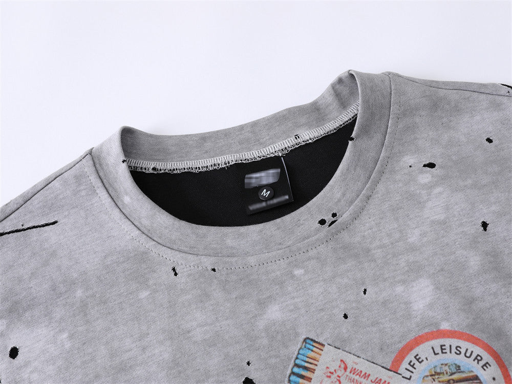 Digital Direct Injection American-style Distressed Printed Short-sleeved T-shirt For Men