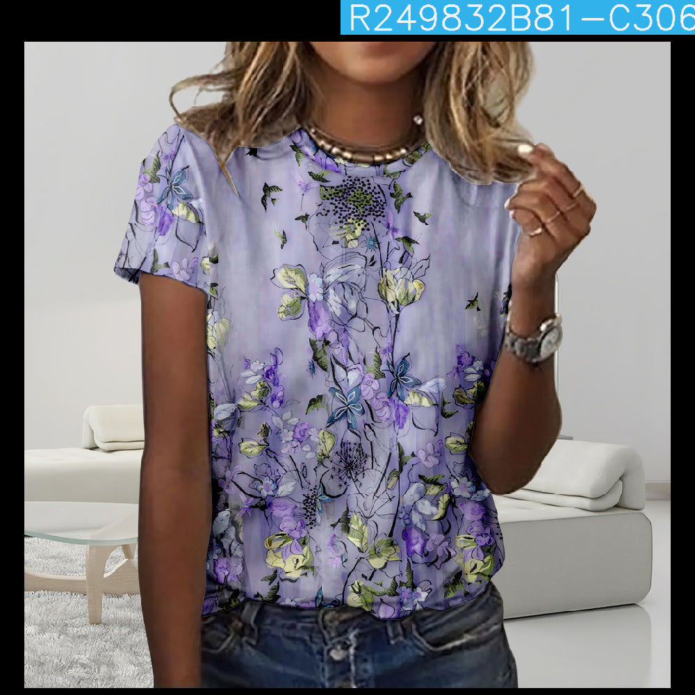 Digital Printing Loose Casual Women's Round Neck T-shirt