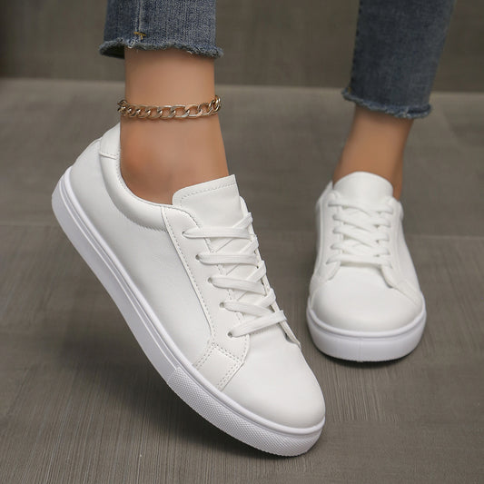 Lace-up White Shoes Women's Flat Leather Surface Sneakers