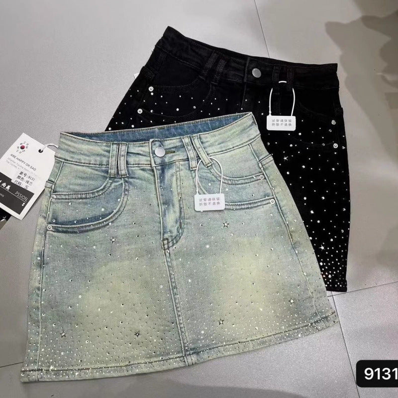 Retro Rhinestone Bright Star River Slim-fit Slimming Denim Skirt