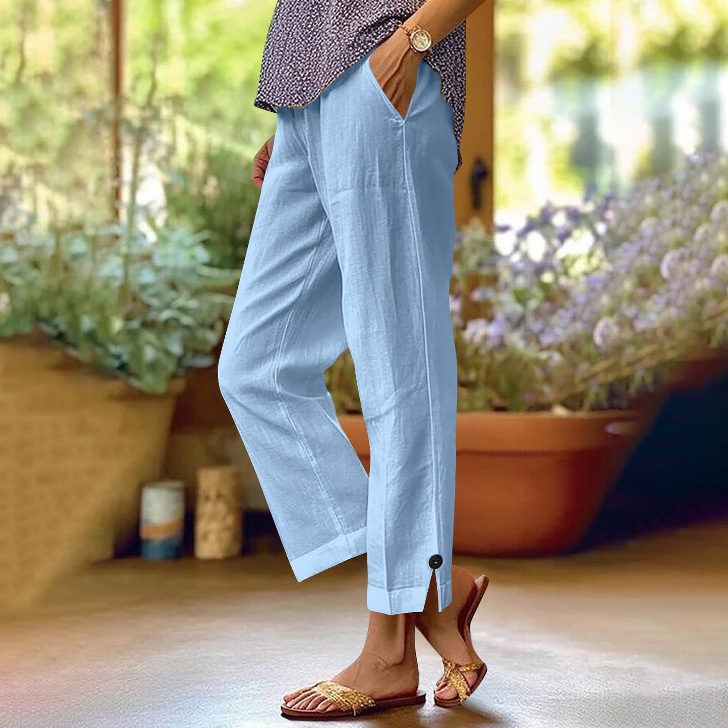 Cotton And Linen Loose Pure Color Elastic Waist Pocket Straight Casual Pants