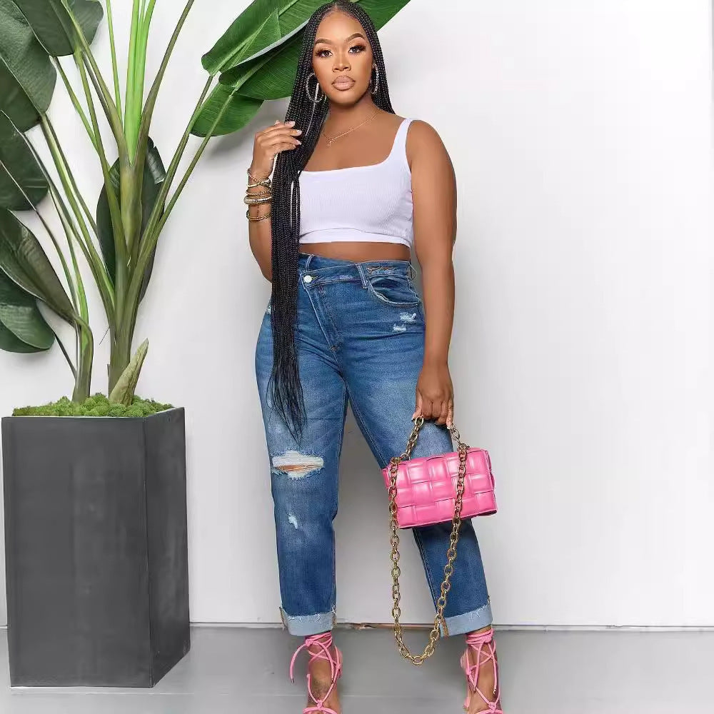 Women's Ripped Cool Diagonal Zipper Jeans