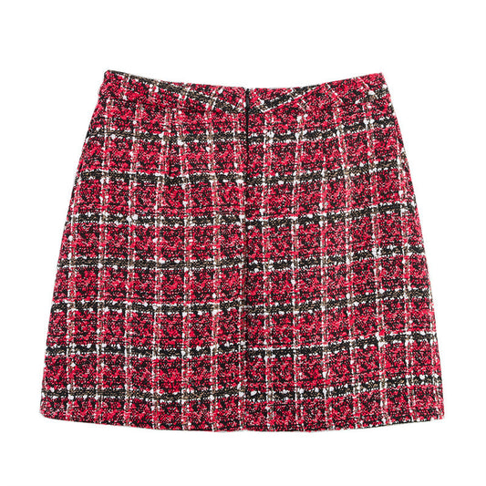 Women's Versatile Pearl Button Coarse Floral Plaid Half Skirt