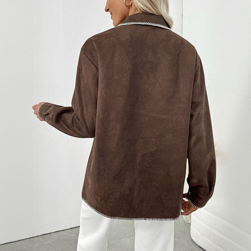 Casual Retro Style Trim Color Stitching Turnover Neck Loose Shirt Coat For Women