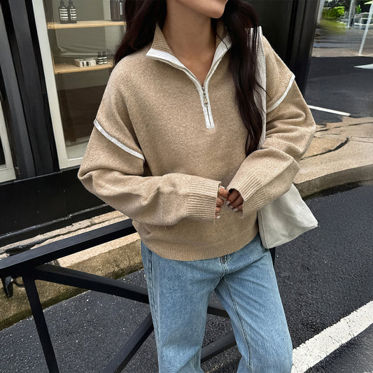 🧶 Maglione donna tinta unita con zip, vestibilità morbida