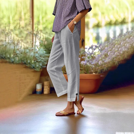 Cotton And Linen Loose Pure Color Elastic Waist Pocket Straight Casual Pants