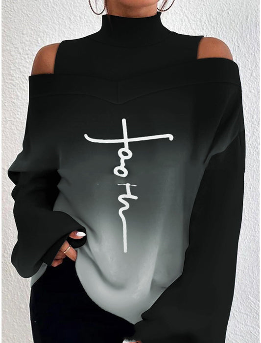 Turtleneck Off-the-shoulder Long Sleeve Printed Top