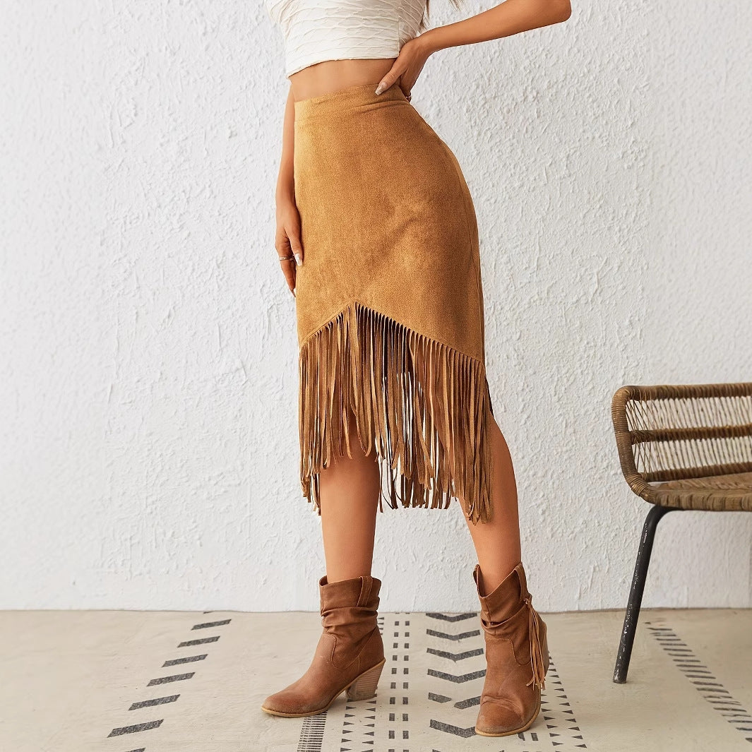 Women's Tassel Edge Asymmetrical Hem Solid Color Skirt