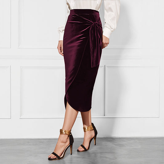 New Solid Color Twisted Skirt Temperament Commute Autumn And Winter Split Velvet Dress