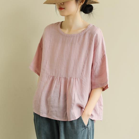 Short Sleeve Loose Round Neck Imitation Cotton And Linen Top
