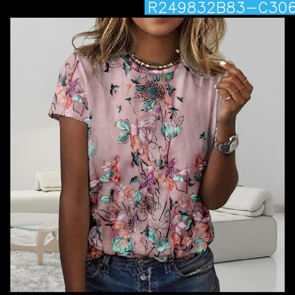 Digital Printing Loose Casual Women's Round Neck T-shirt