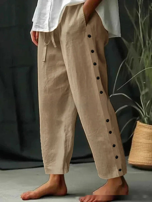 Lace-up Slim Breasted Pocket Pure Cotton Casual Pants