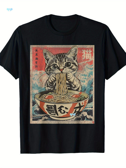 1pc Kawaii Cat Ramen Anime T Shirt For Men Fabric