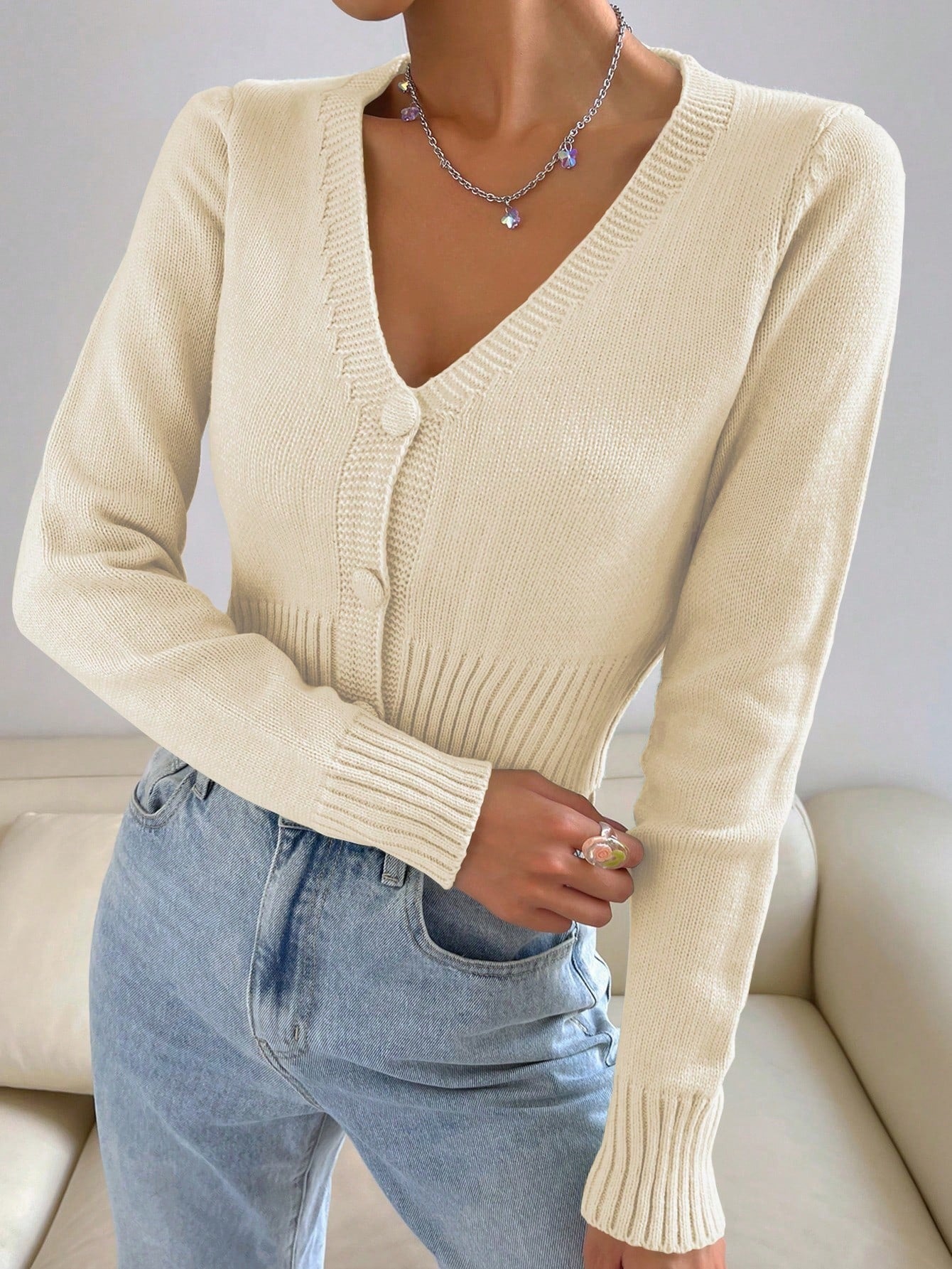 Flirla Solid Button Front Crop Cardigan Long Sleeve Tops