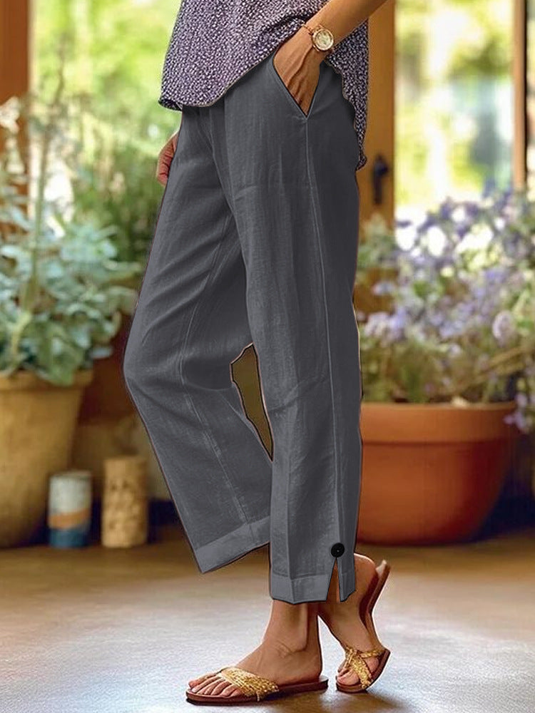 Cotton And Linen Loose Pure Color Elastic Waist Pocket Straight Casual Pants
