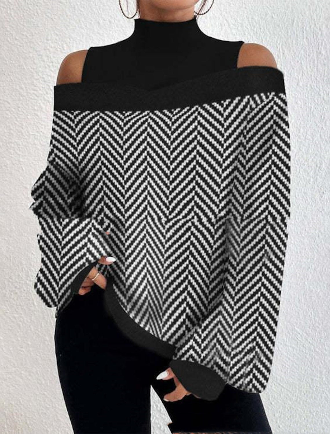 Turtleneck Off-the-shoulder Long Sleeve Printed Top