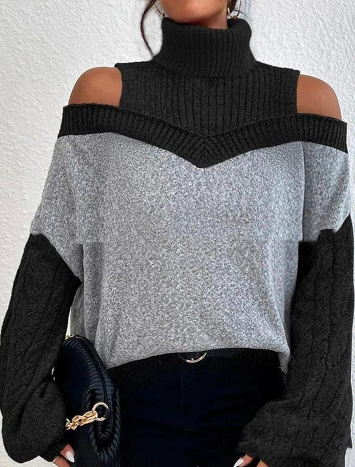Turtleneck Off-the-shoulder Long Sleeve Printed Top