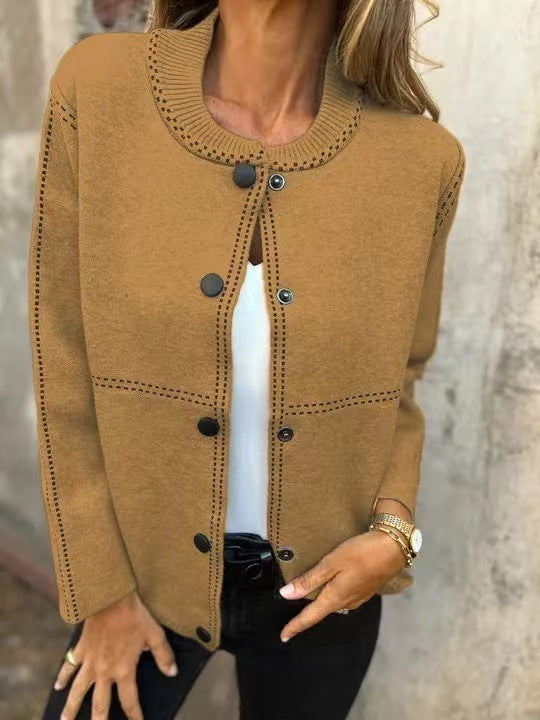 Striped Loose Round Neck Button Long Sleeve Versatile Sweater Coat