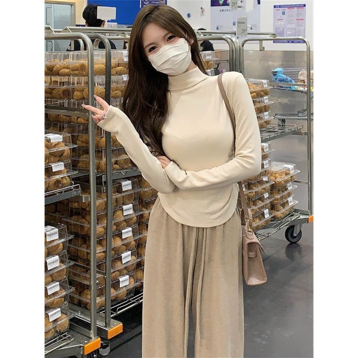 Turtleneck Long Sleeve Drawstring Ruffle Bottoming Top
