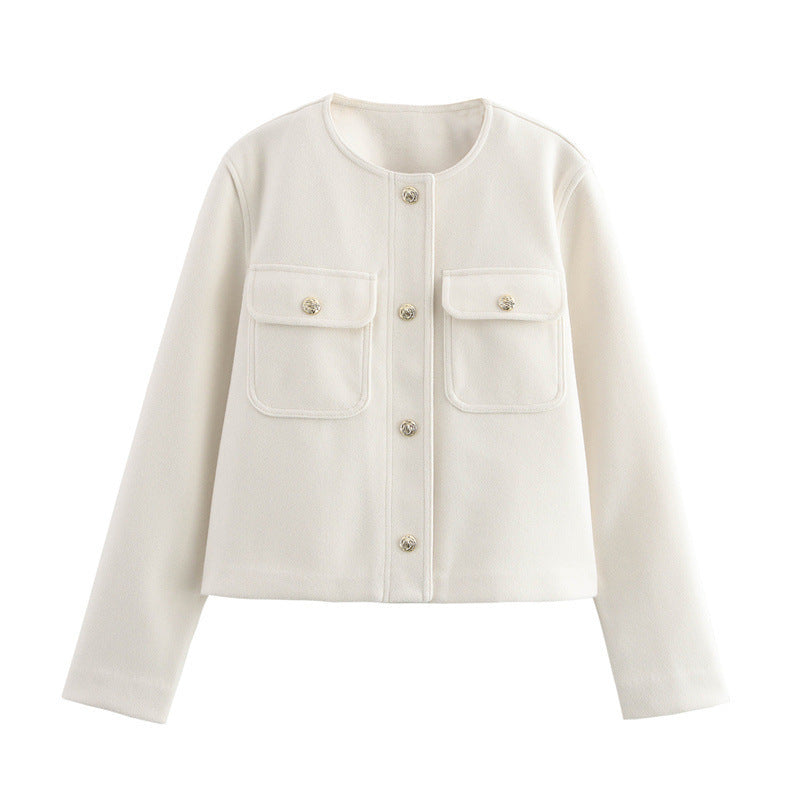 Temperament Crew Neck Long Sleeve Pocket Decorative Jacket Coat