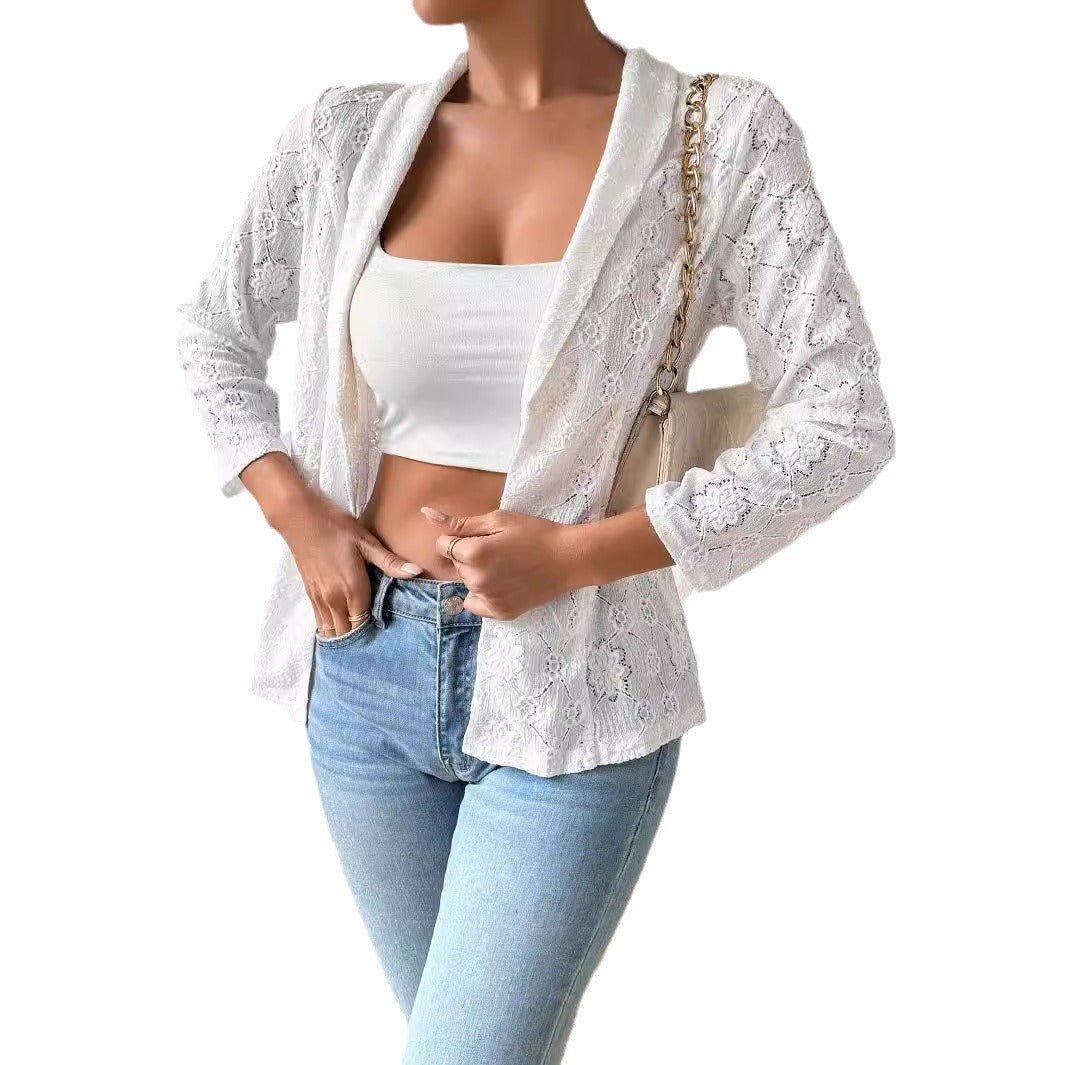 European And American Elegant Solid Color Lace 9 Sleeve Lapel Casual Suit Women's Jacket