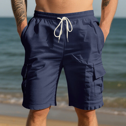 Shorts estivi da uomo in lino, larghi e traspiranti, con più tasche