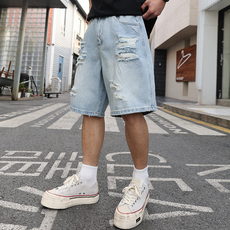 Pantaloncini Uomo in Denim Strappato – Loose Fit Casual Stile Hip Hop