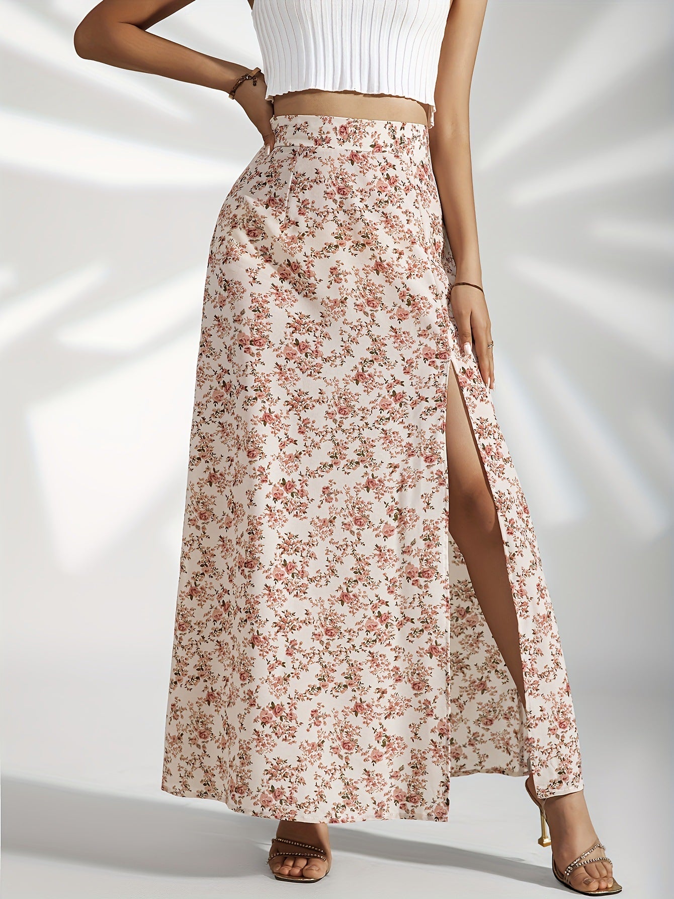 Gentle High Waist Slit Floral Skirt For Women
