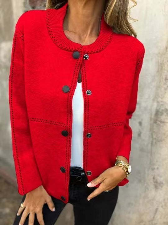 Striped Loose Round Neck Button Long Sleeve Versatile Sweater Coat