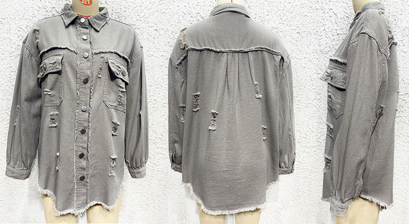 Distressed Denim Jacket Women's Long Sleeve Shirt Casual Lapel Coat With Raw Hem Details