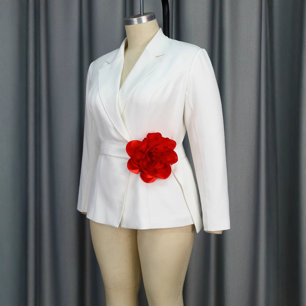 V-neck Long Sleeve Flower Contrast Color Slim Fit Commuter Top