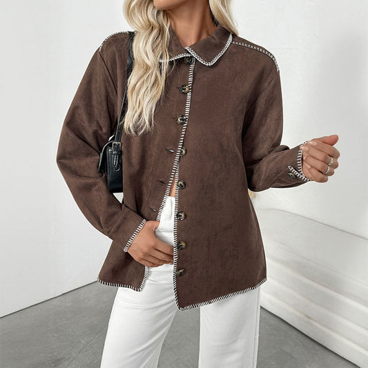 Casual Retro Style Trim Color Stitching Turnover Neck Loose Shirt Coat For Women