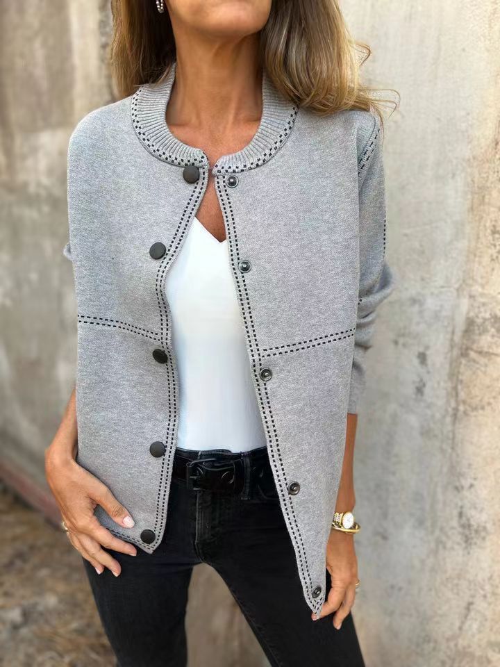 Striped Loose Round Neck Button Long Sleeve Versatile Sweater Coat