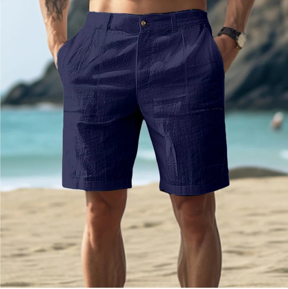 Shorts casual cotone e lino, modello Five-poin