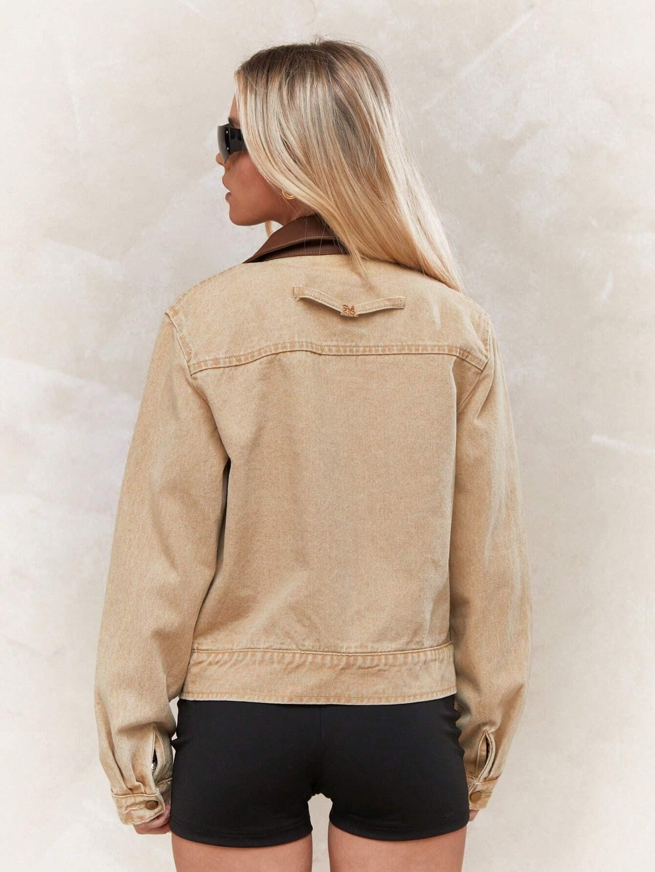 Color Blocking Collar Zipper Denim Jacket For Women