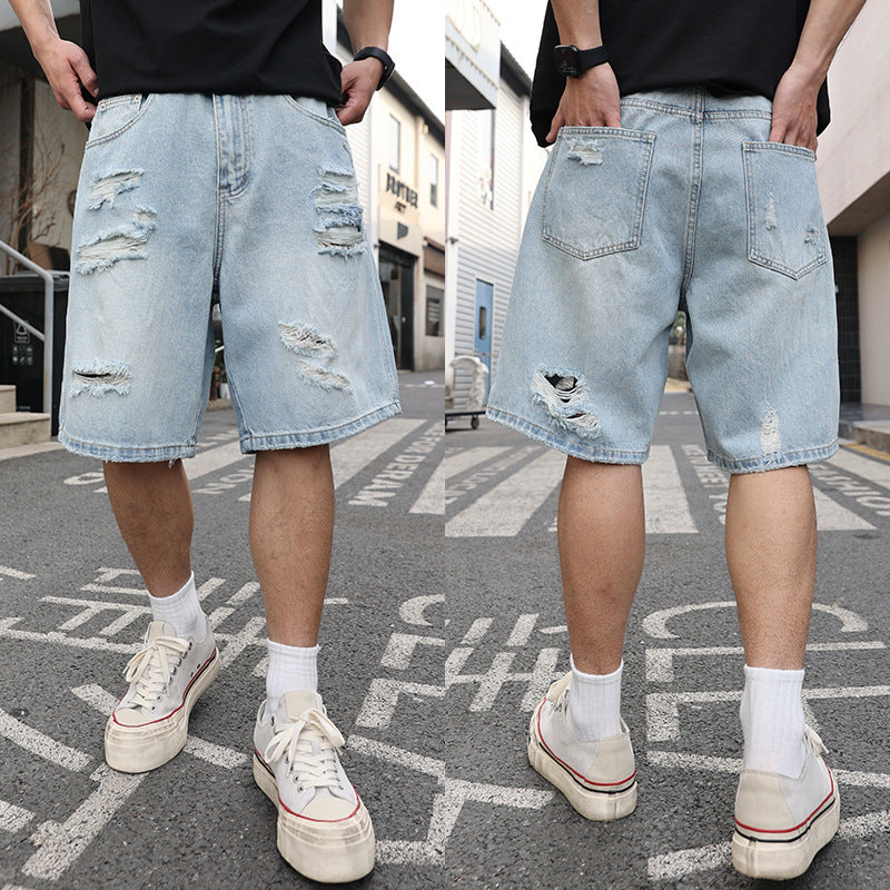 Pantaloncini Uomo in Denim Strappato – Loose Fit Casual Stile Hip Hop
