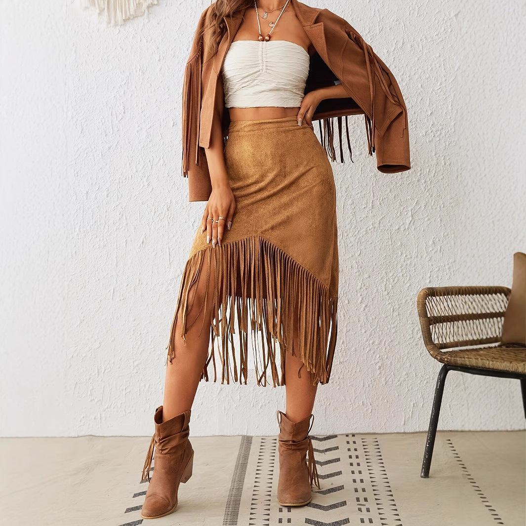 Women's Tassel Edge Asymmetrical Hem Solid Color Skirt