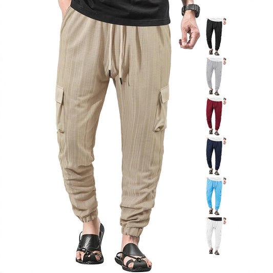 Loose Breathable Micro Elastic Lace-up Imitation Linen Plaid Men's Casual Pants Overalls