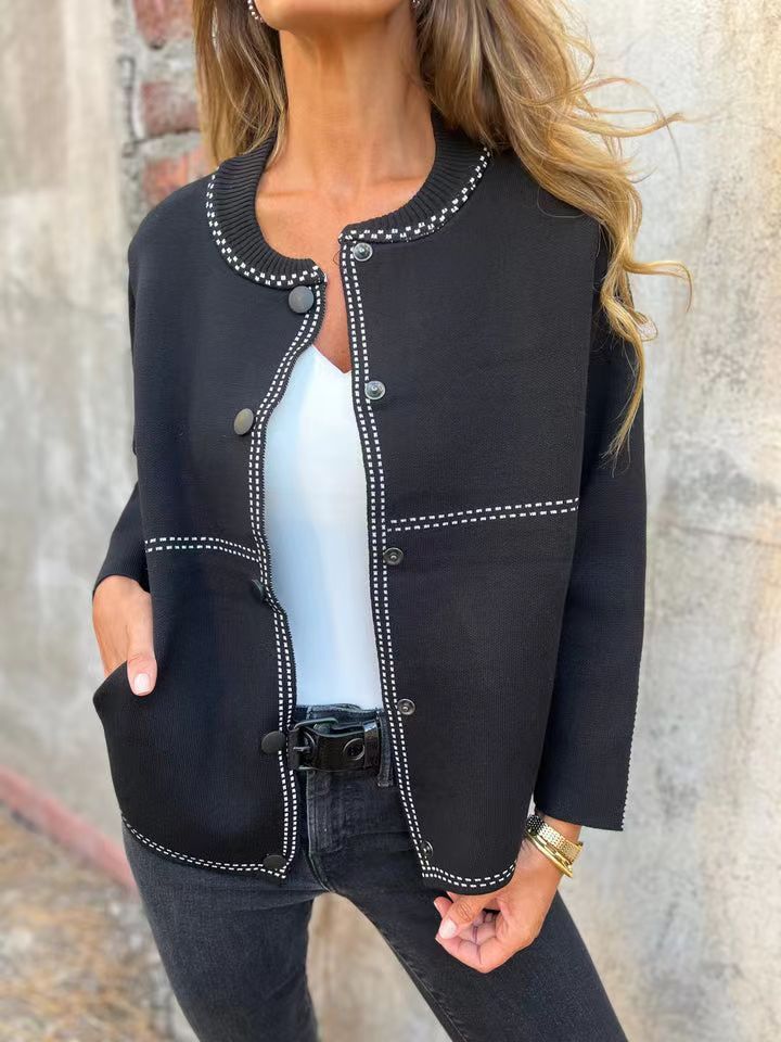 Striped Loose Round Neck Button Long Sleeve Versatile Sweater Coat