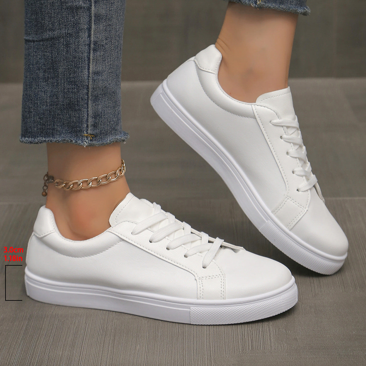 Lace-up White Shoes Women's Flat Leather Surface Sneakers