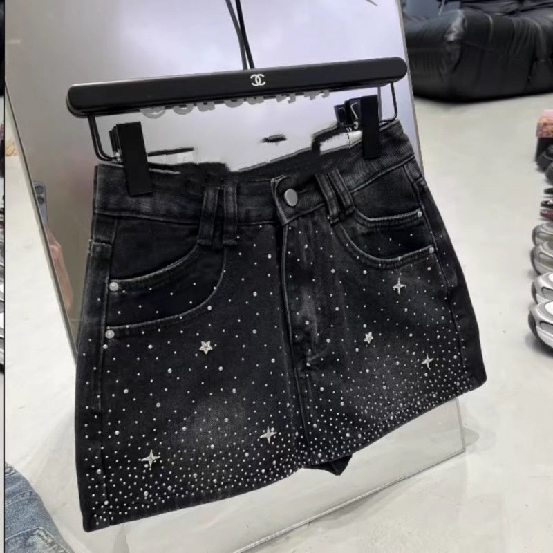 Retro Rhinestone Bright Star River Slim-fit Slimming Denim Skirt