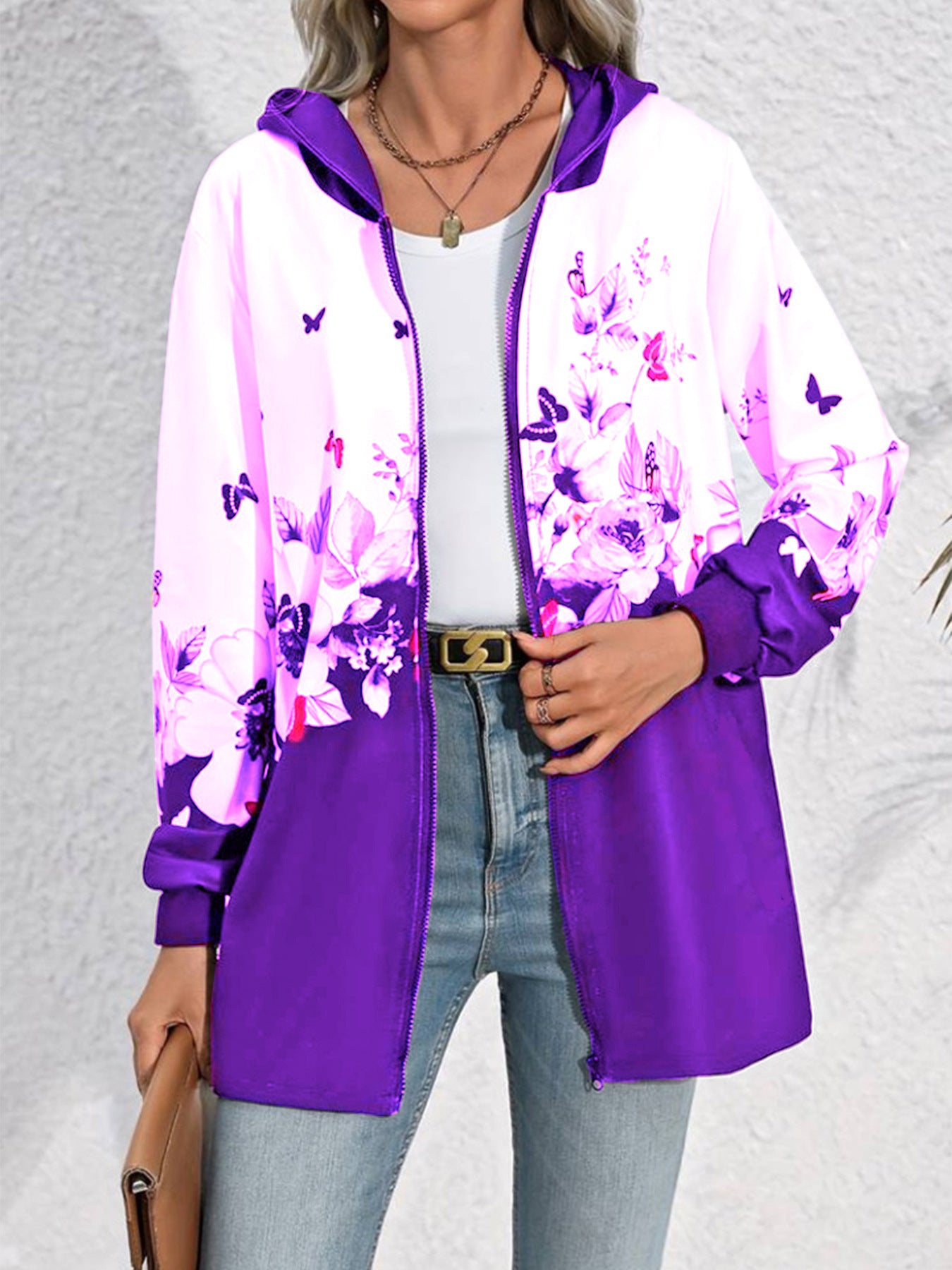 Printed Mid-length Zip Hooded Jacket
