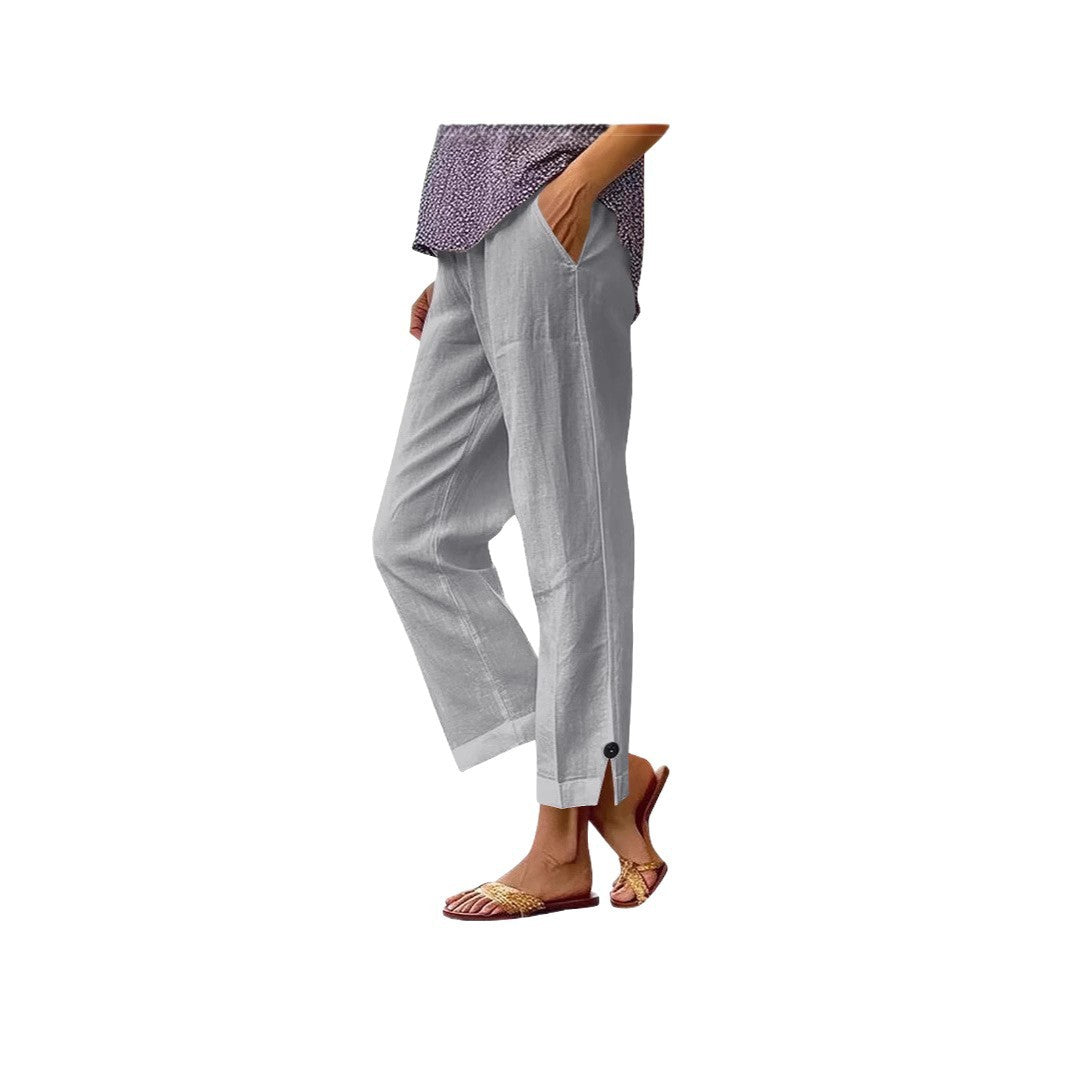 Cotton And Linen Loose Pure Color Elastic Waist Pocket Straight Casual Pants