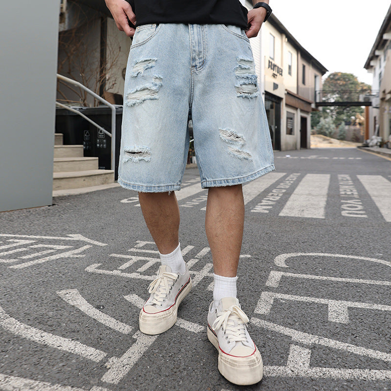 Pantaloncini Uomo in Denim Strappato – Loose Fit Casual Stile Hip Hop