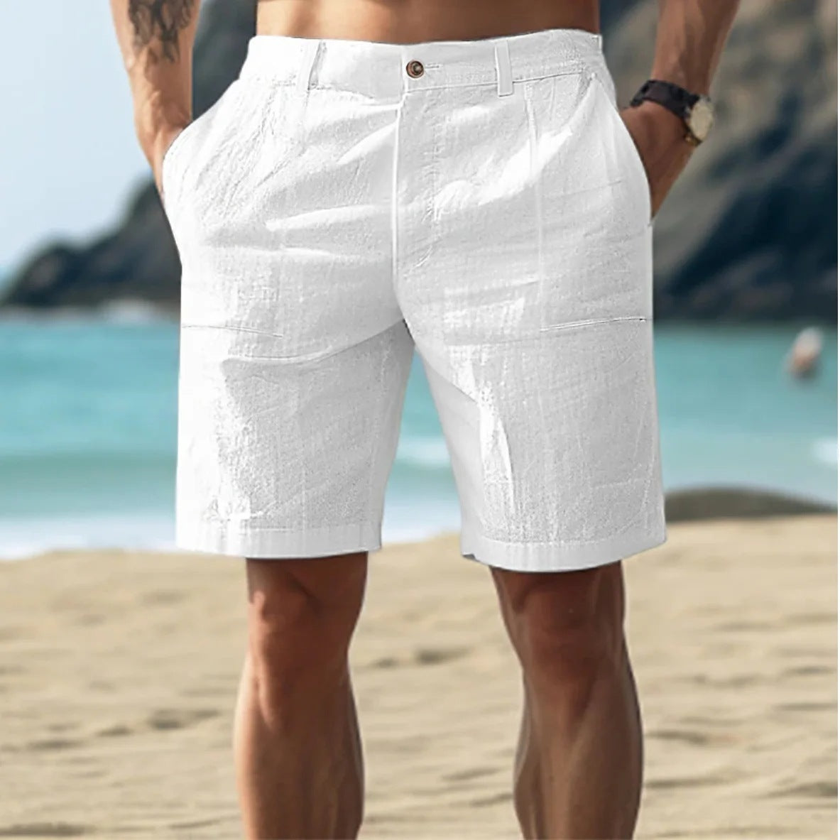 Shorts casual cotone e lino, modello Five-poin